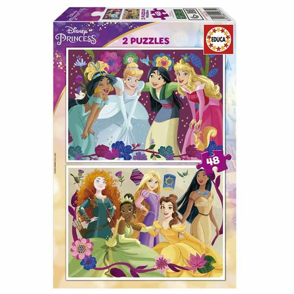 Puzzle Educa Disney Princess 2 x 48 pièces pour enfant, jeu éducatif favorisant la concentration et la motricité fine.