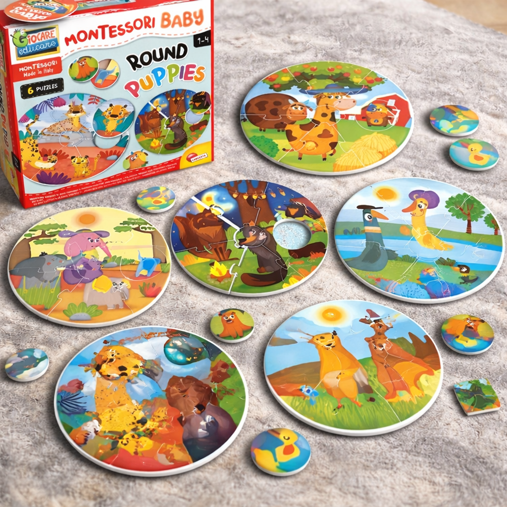 Zoom sur puzzle Montessori bébé avec pièces rondes colorées représentant des animaux, idéal pour développer la logique, la coordination et la reconnaissance visuelle.