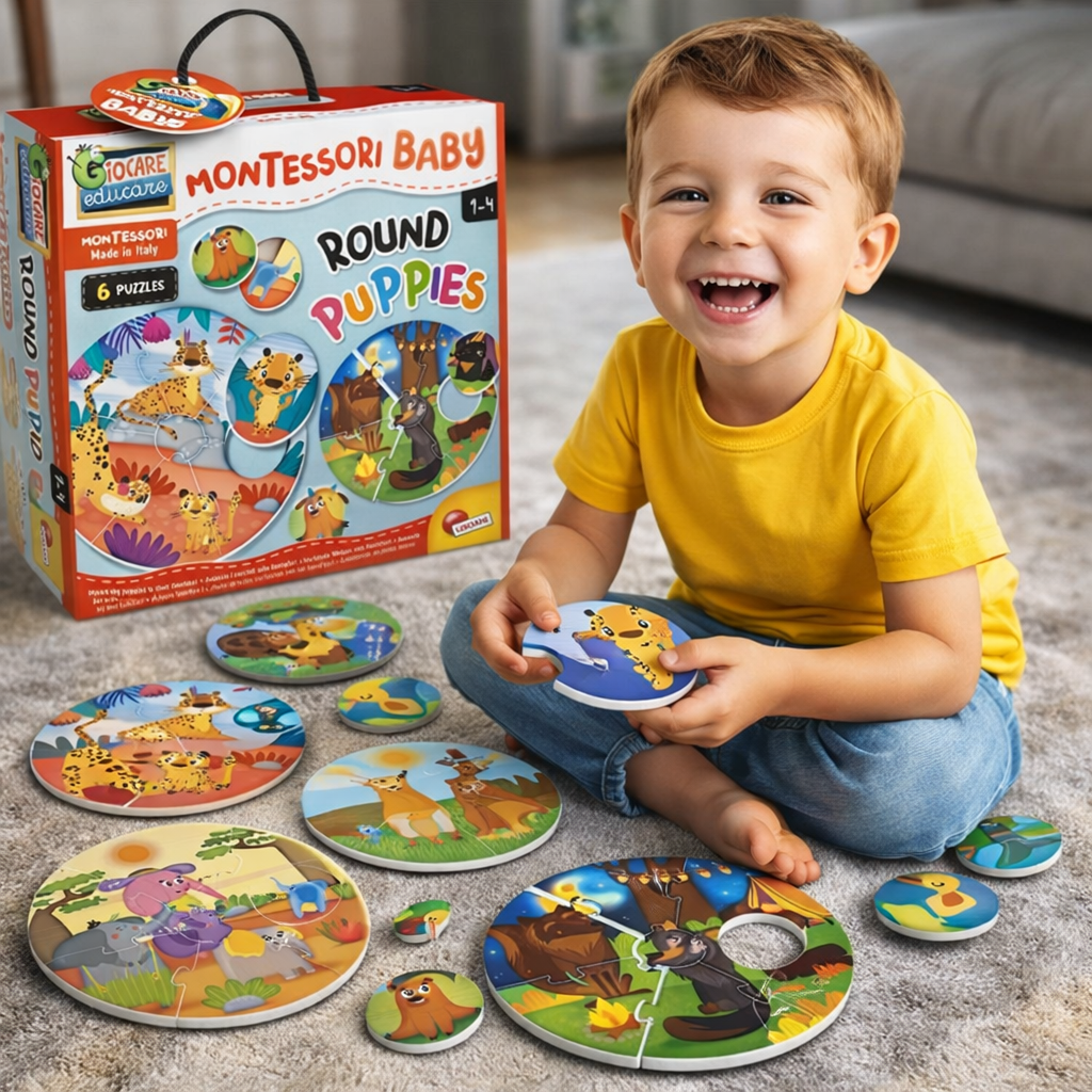 Enfant heureux jouant avec un puzzle Montessori bébé sur le thème des animaux, favorisant l’éveil sensoriel, la motricité fine et la concentration dès 1 an.