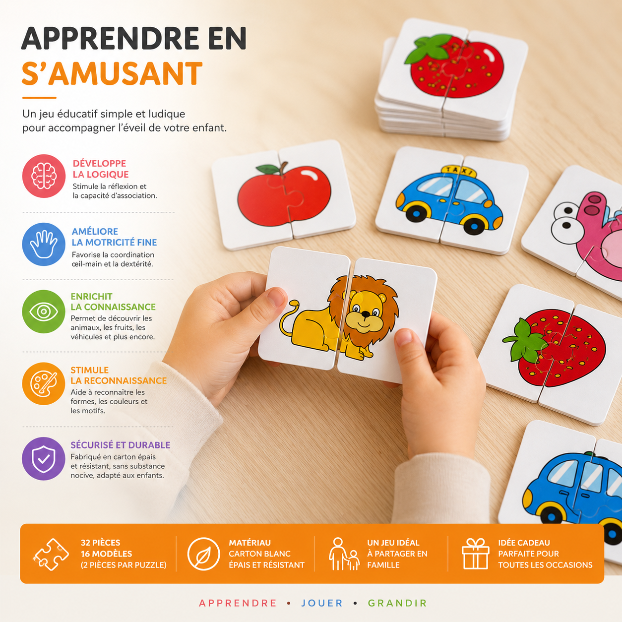 Puzzle éducatif Montessori aidant au développement de la logique, de la motricité fine et de la concentration.