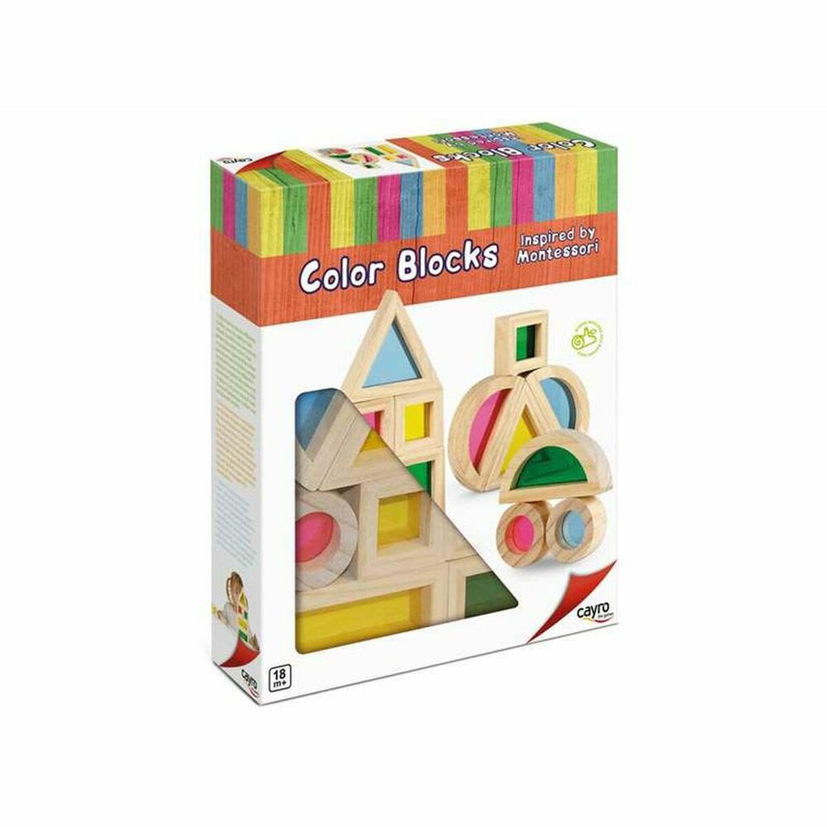 Jeu éducatif Montessori Color Blocks Cayro avec blocs en bois colorés pour apprendre les formes et les couleurs.