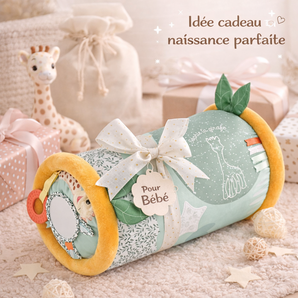 Rouleau sensoriel Sophie la Girafe présenté comme cadeau naissance avec emballage et décoration douce, jouet éducatif idéal pour stimuler bébé dès la naissance.