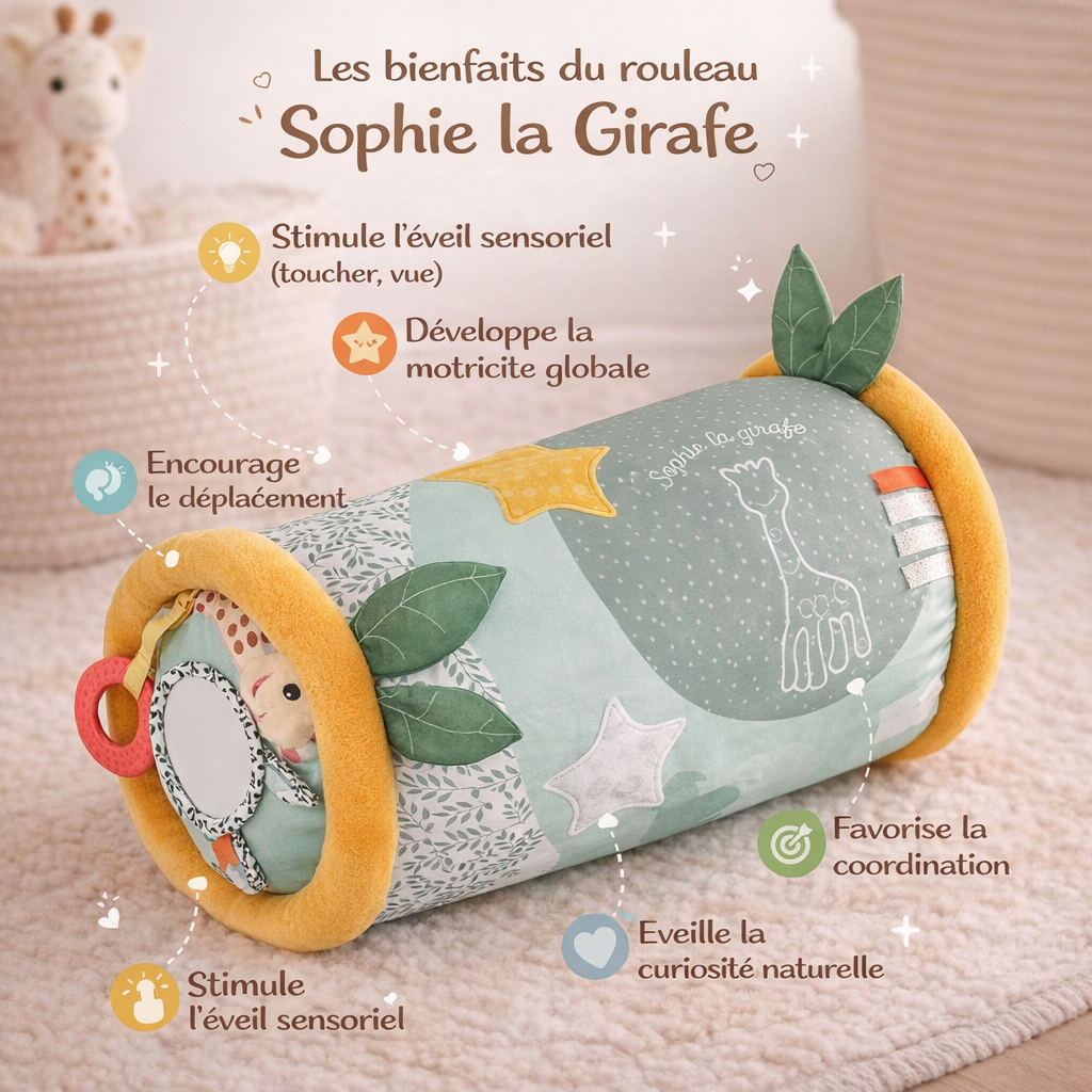 Rouleau Sophie la Girafe pour bébé posé sur un tapis, jouet sensoriel doux avec textures variées stimulant l’éveil, la motricité et la coordination dès les premiers mois.