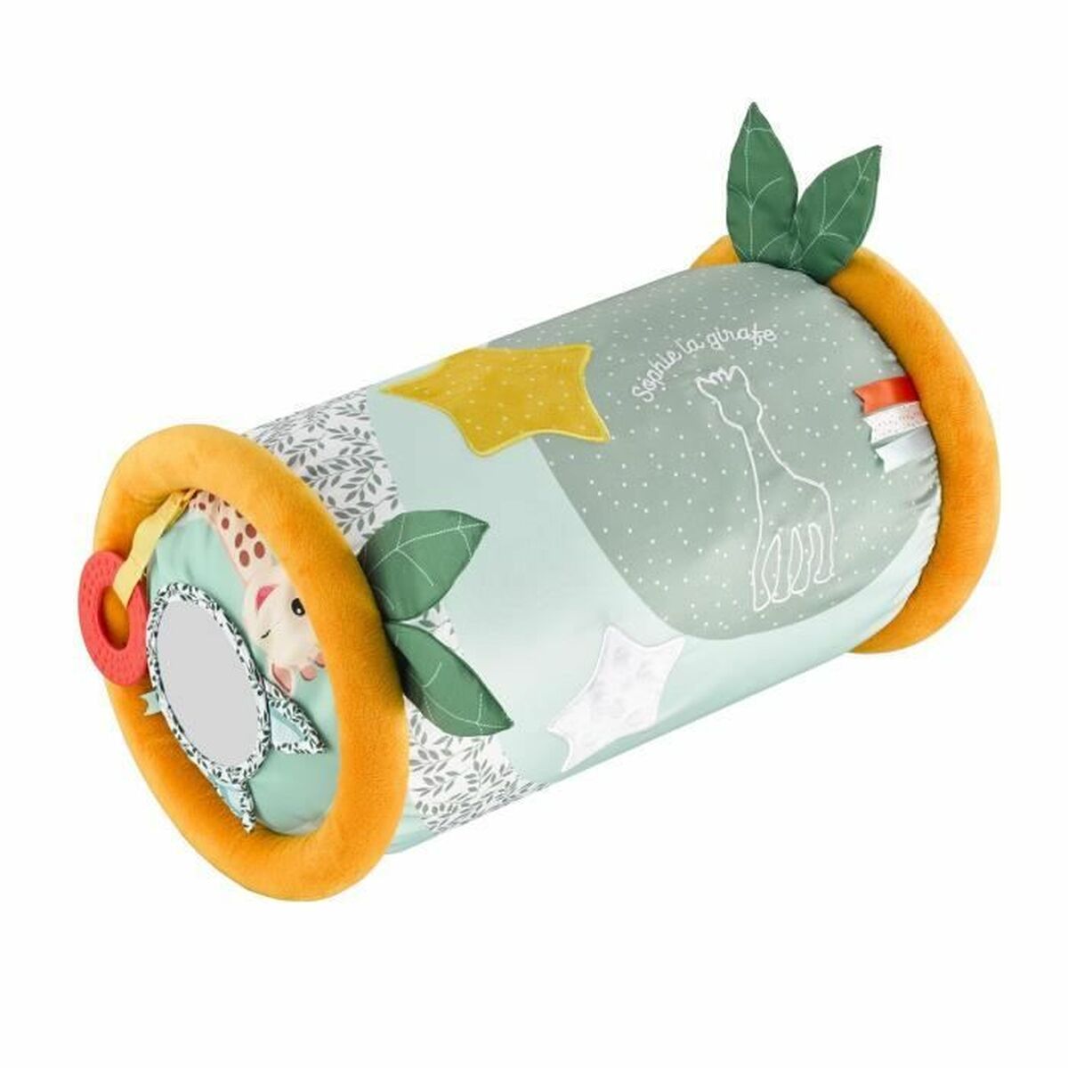 Rouleau d’éveil sensoriel Montessori pour bébé en tissu vert pastel avec étoiles, miroir intégré et anneau de dentition jaune, jouet d’apprentissage doux et sécurisé.