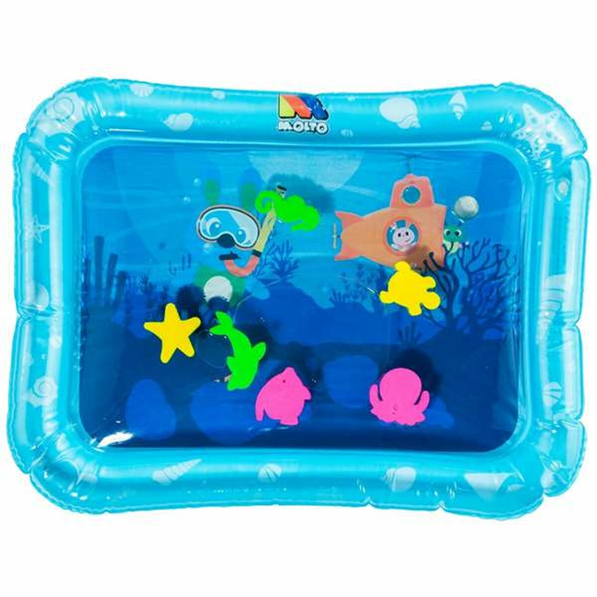 Tapis sensoriel à eau pour bébé Moltó Playsense avec animaux marins flottants favorisant l’éveil et la motricité.