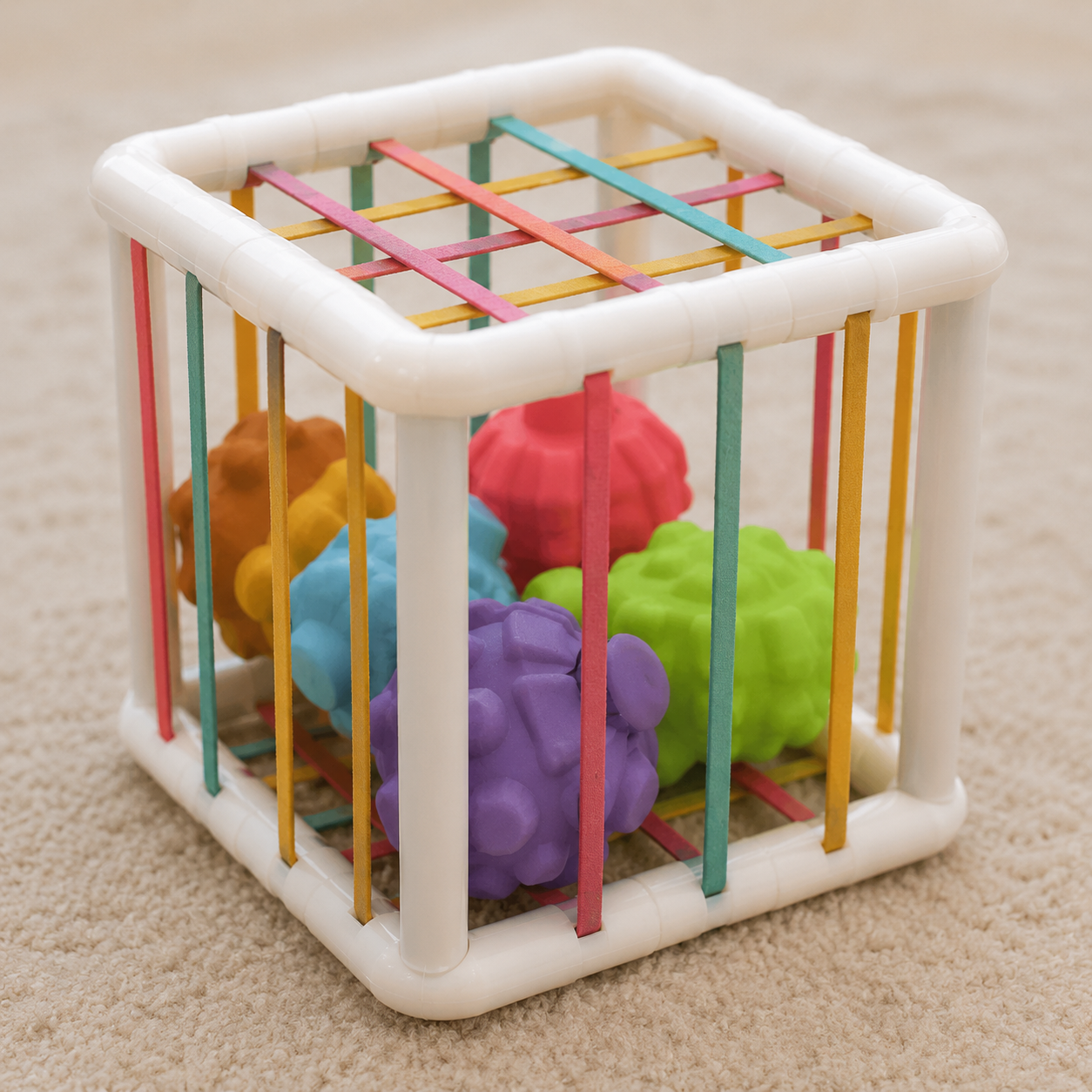 Gros plan sur un cube sensoriel Montessori avec formes texturées et couleurs pastel pour bébé.