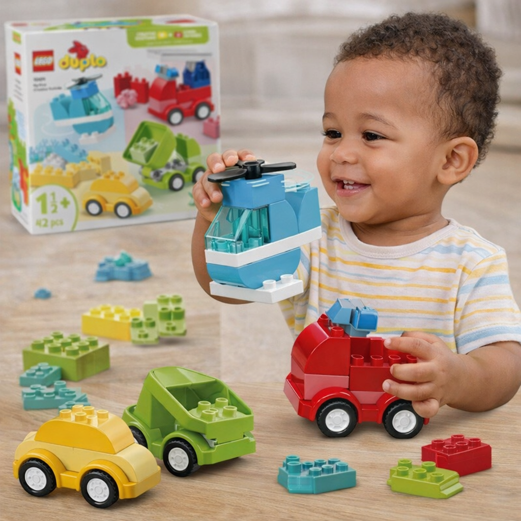 enfant heureux jouant avec lego duplo véhicules créatifs jeu de construction éducatif pour développer la motricité