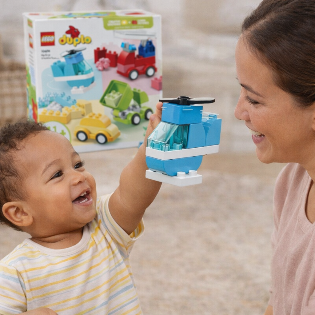 enfant montrant un véhicule lego duplo à sa maman moment de jeu éducatif et de partage en famille