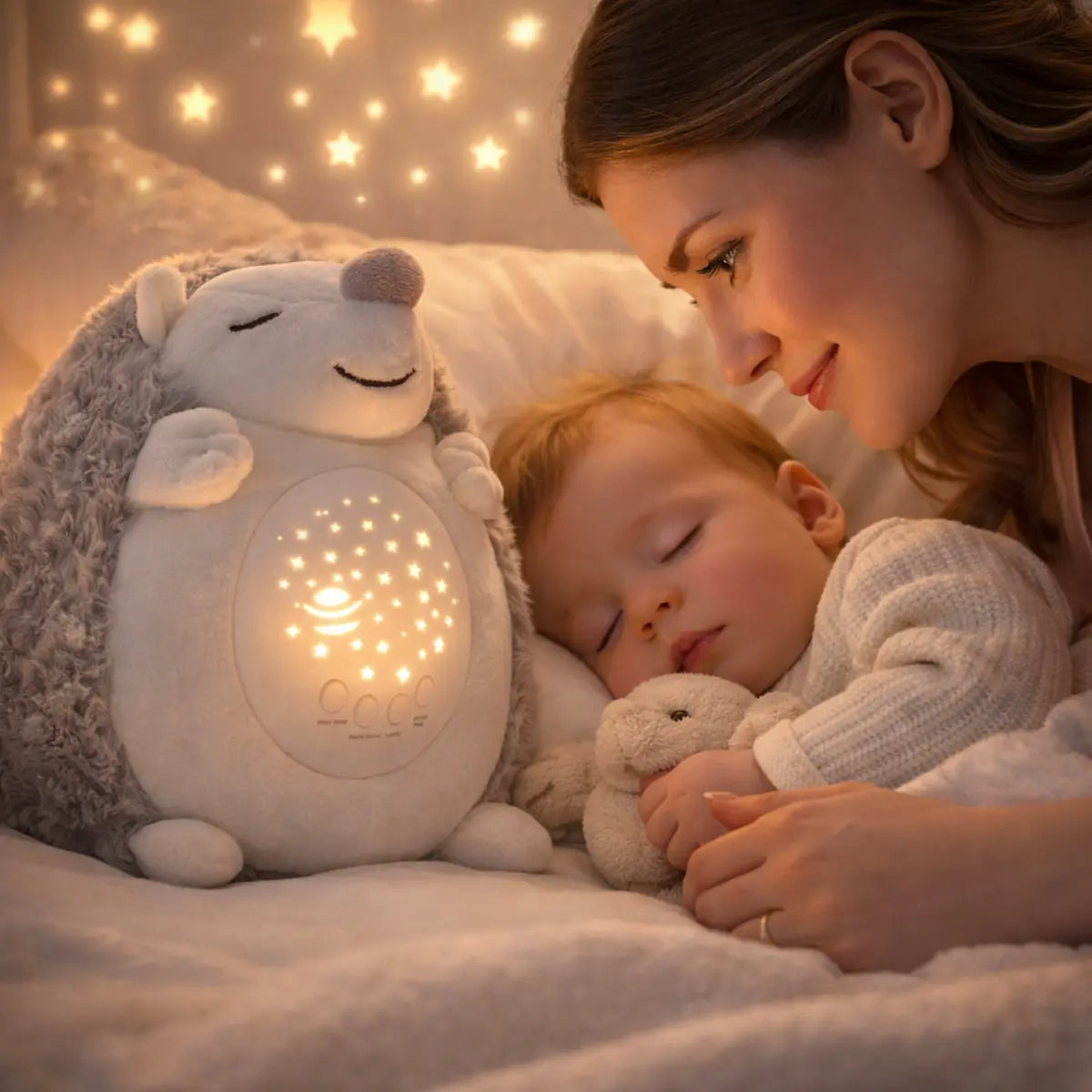 Maman et bébé avec peluche veilleuse hérisson apaisante