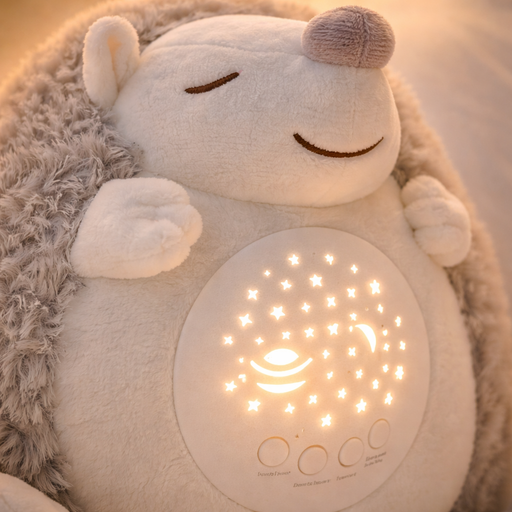 Zoom sur la peluche veilleuse hérisson montrant sa matière douce et confortable